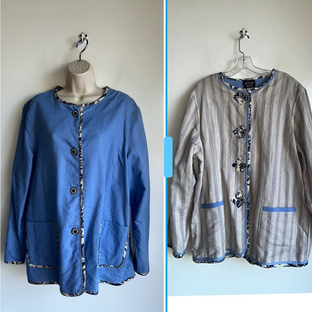 KOOS Of Course! Reversible Linen Blend Button Front Jacket Blue/Tan Stripe LARGE